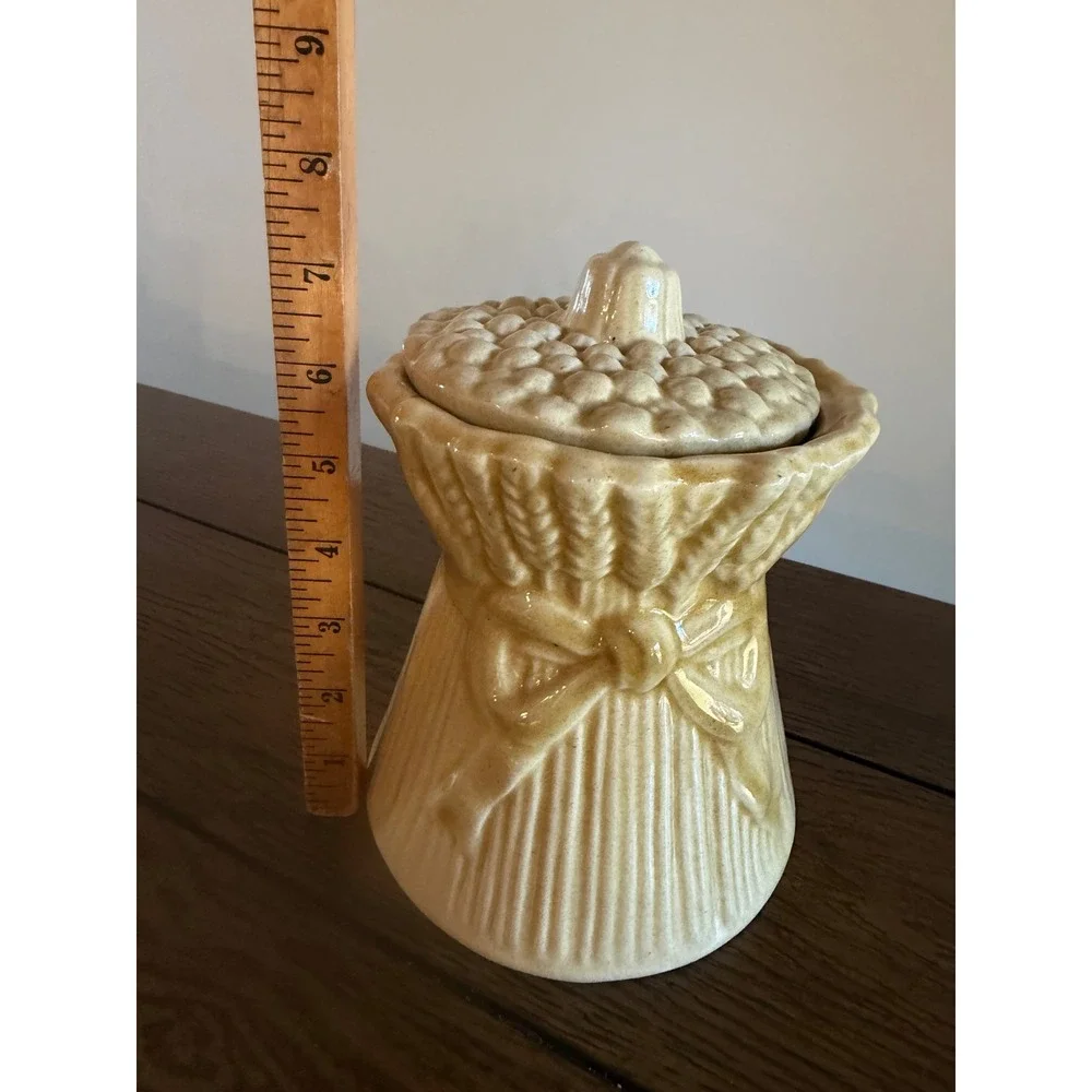 Vintage Wheat Sheaf Ceramic Lidded Jar Canister Yellow Farmhouse Harvest Decor